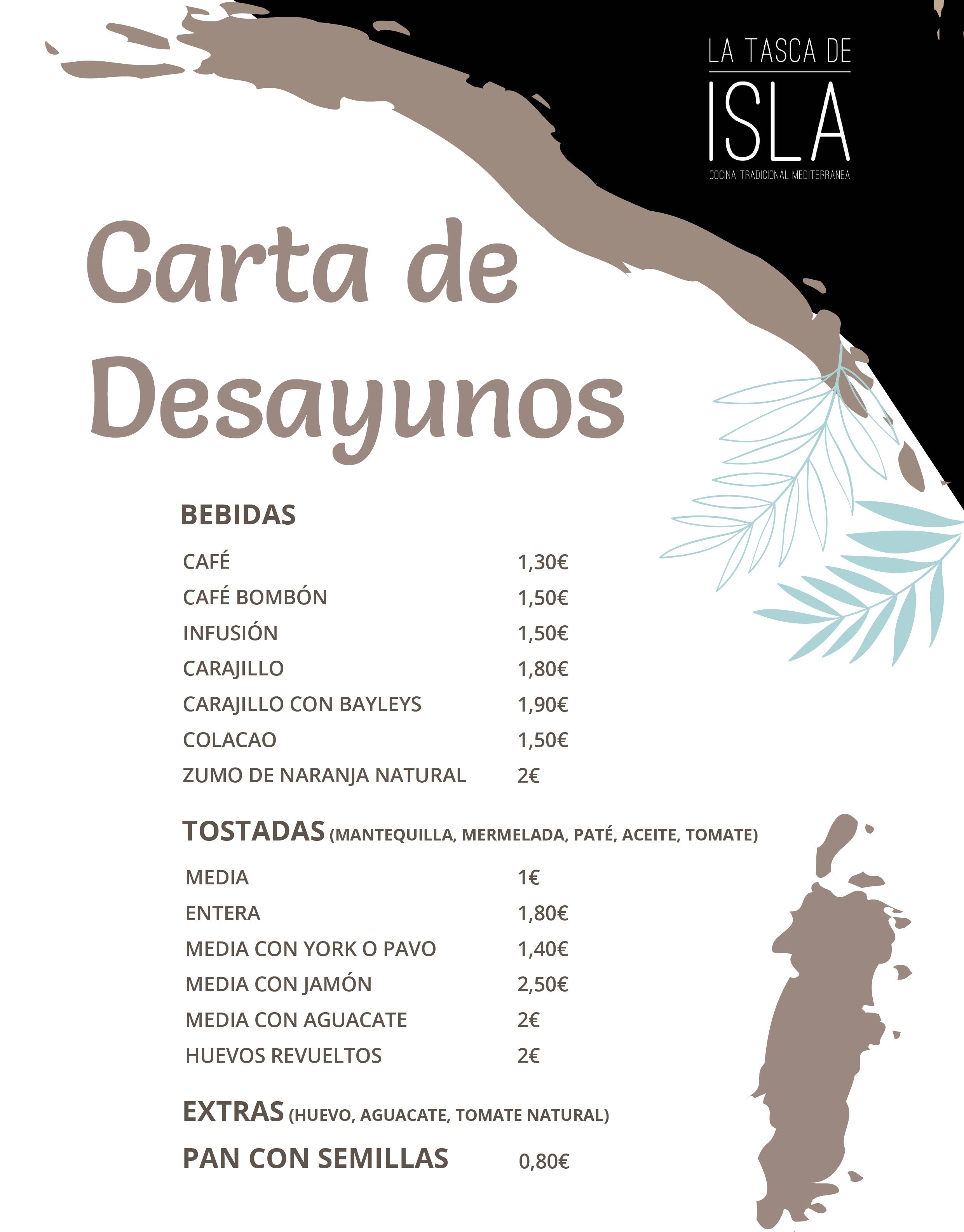 Carta de desayunos La Tasca de Isla Huelva